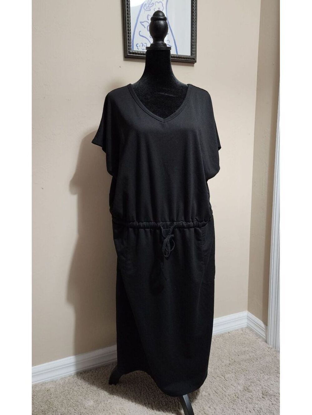 32 Degrees Cool Women's XXL Black V-Neck Midi Dress w/ Drawstring Waist & Pocket